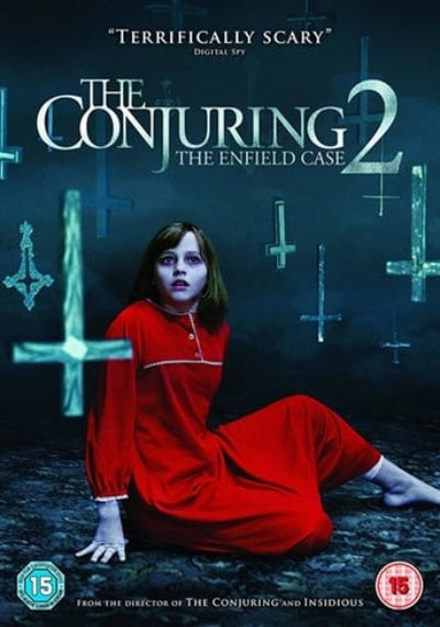 Movie poster for 'The Conjuring 2: The Enfield Case' with a person in a red dress and white gloves on a dark background.