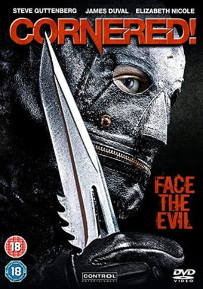 Movie poster for 'Cornered!' featuring a character with a knife and dark background.