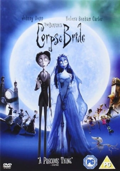 Movie poster for 'Corpse Bride' featuring a couple in front of a moonlit sky with various characters below.