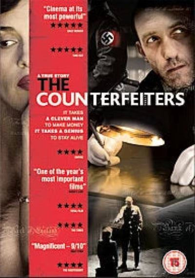 Movie poster for 'The Counterfeiters' with text and images of people and a candle.