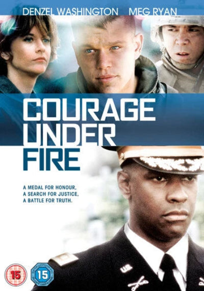 Movie poster for 'Courage Under Fire' featuring four actors and a description of the film.