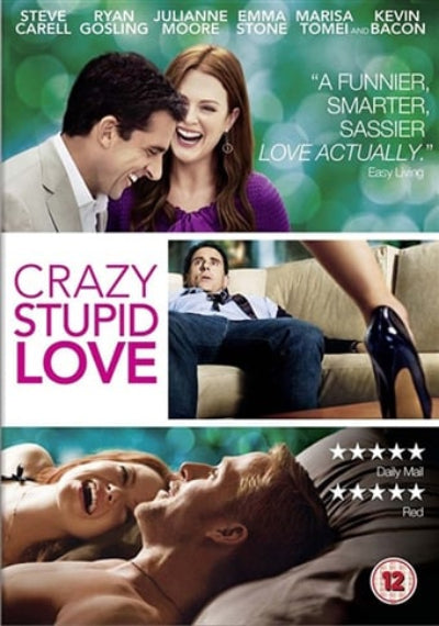 Movie poster for 'Crazy Stupid Love' featuring a couple and promotional text.
