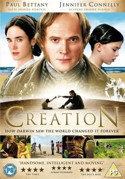 Movie poster for 'Creation' featuring three people with a scenic background.