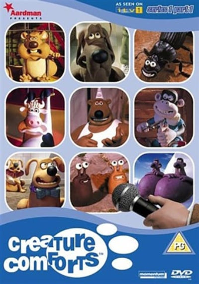 Cover of 'Creature Comforts' DVD featuring animated characters and a hand holding a microphone.