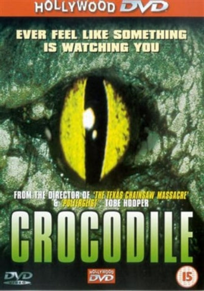 DVD cover of 'Crocodile' with a close-up of a crocodile's eye and text about the movie.