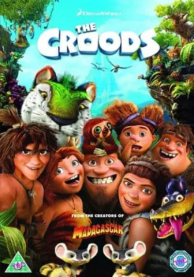 Movie poster for 'The Croods' featuring animated characters and text.