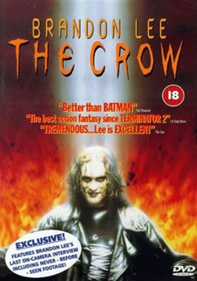 DVD cover of 'The Crow' featuring Brandon Lee with fiery background and promotional text.