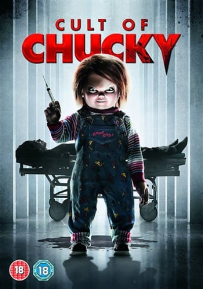 Poster of Chucky from 'Cult of Chucky' with a dark and eerie background.