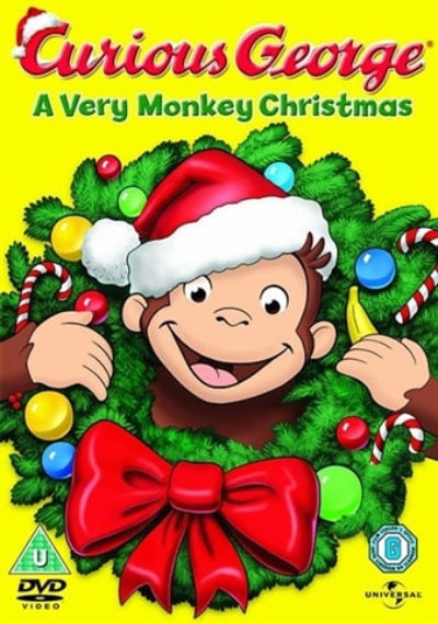 Curious George in a Christmas wreath with festive decorations on a yellow background