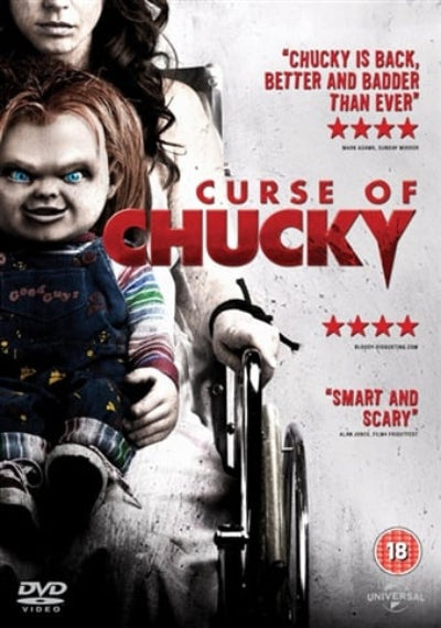 Movie poster for 'Curse of Chucky' featuring a character in a wheelchair and the iconic doll.