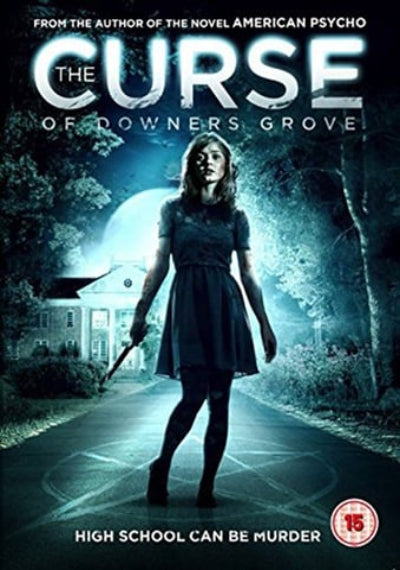 Movie poster for 'The Curse of Downers Grove' featuring a woman holding a knife in front of a house.