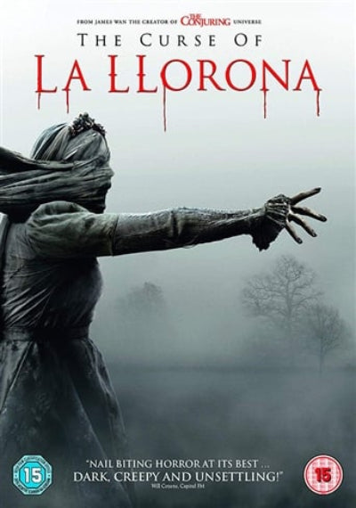 Movie poster for 'The Curse of La Llorona' with a figure reaching out in a foggy landscape.