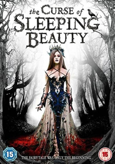 Movie poster for 'The Curse of Sleeping Beauty' featuring a woman in a fantasy costume in a forest setting.