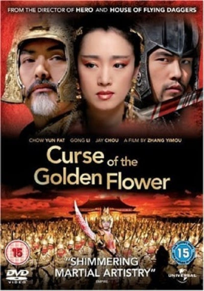 Movie poster for 'Curse of the Golden Flower' featuring three characters and a battle scene.