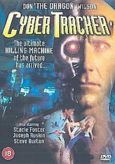 Movie poster for 'Cyber Tracker' featuring a woman with a gun and a man in a suit.