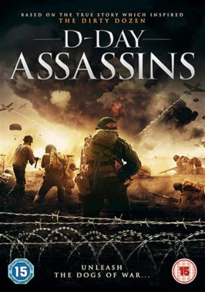 Movie poster for 'D-Day Assassins' with soldiers and battle scene.