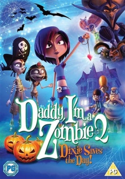 Movie poster for 'Daddy I'm a Zombie 2: Dixie Saves the Day!' with animated characters and Halloween elements.