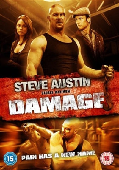 Promotional poster for 'Damage' featuring Steve Austin and two other individuals.