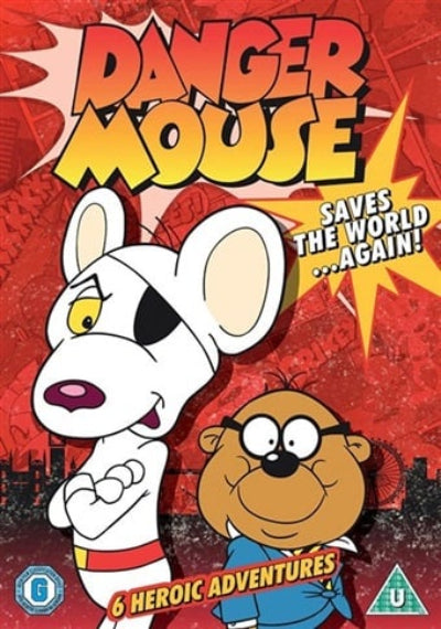 Cartoon mouse and cat character on a red background with 'Danger Mouse' text.