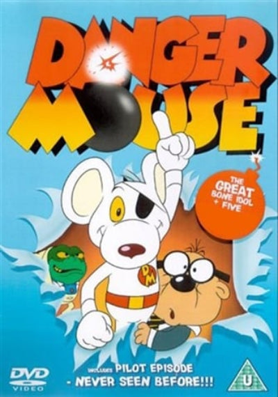 DVD cover of 'Danger Mouse: The Great Bone Idol' with cartoon mouse and cat character on a blue background