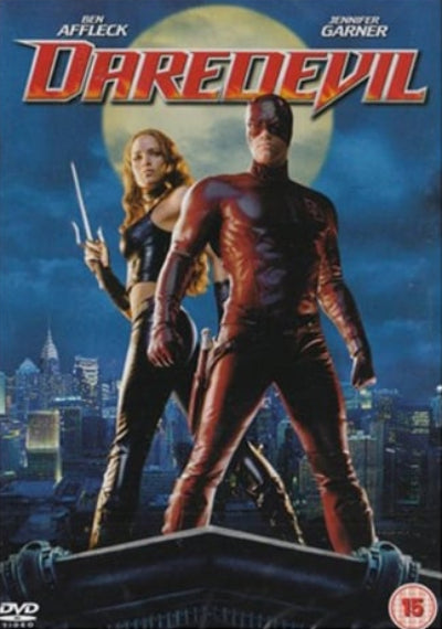 DVD cover of 'Daredevil' featuring two characters against a city skyline.