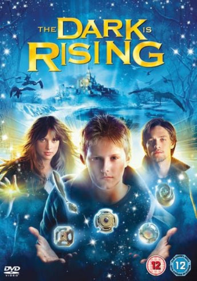 Movie poster for 'The Dark is Rising' featuring three main characters with mystical symbols.