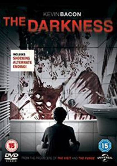 DVD cover of 'The Darkness' featuring a person in a bathroom with a disturbing image on the wall.