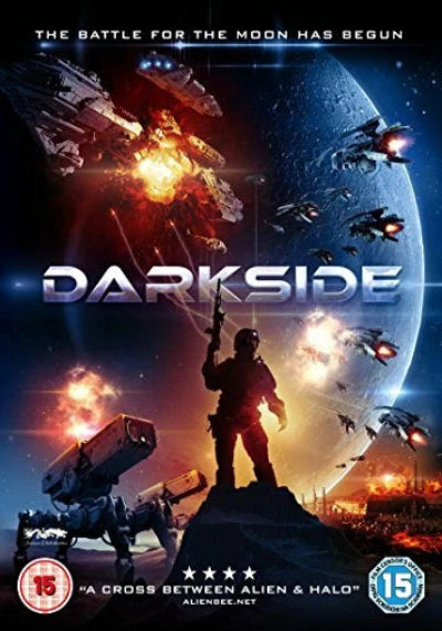 Movie poster for 'Darkside' featuring space battles and a character with a weapon.