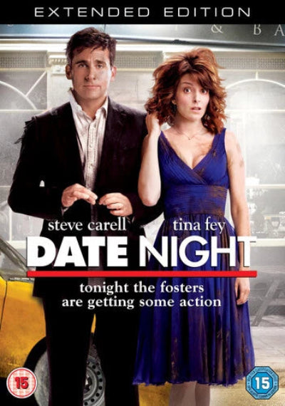 Movie poster for 'Date Night' featuring Steve Carell and Tina Fey with a car and cityscape background.