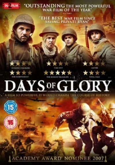 Movie poster for 'Days of Glory' featuring soldiers and battle scene.