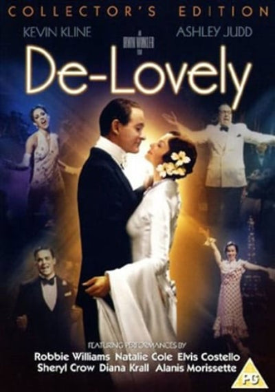 Movie poster for 'De-Lovely' featuring a couple in formal attire with other characters in the background.