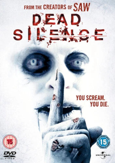 Movie poster for 'Dead Silence' with a close-up of a hand covering a mouth, text, and logos.