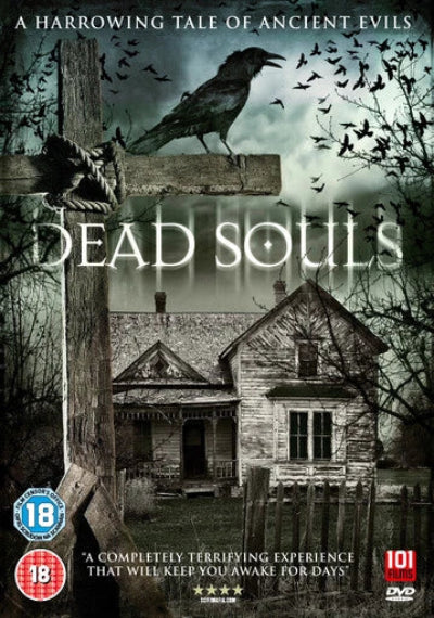 DVD cover of 'Dead Souls' with a spooky house, crow, and text about ancient evils.