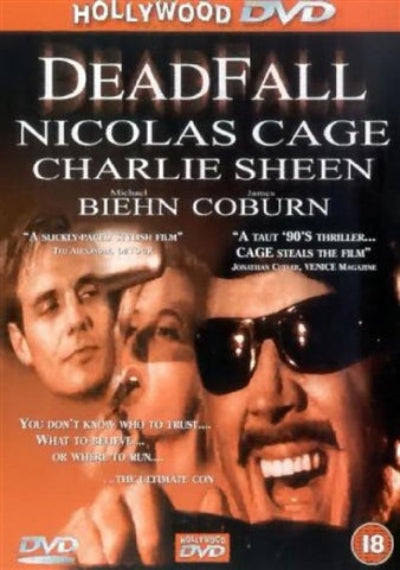 Movie poster for 'Deadfall' featuring Nicolas Cage, Charlie Sheen, and Bienn Coburn with Hollywood DVD branding.