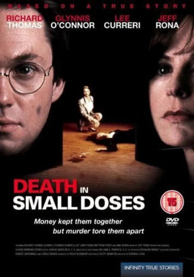 Movie poster for 'Death in Small Doses' with two faces on a black background
