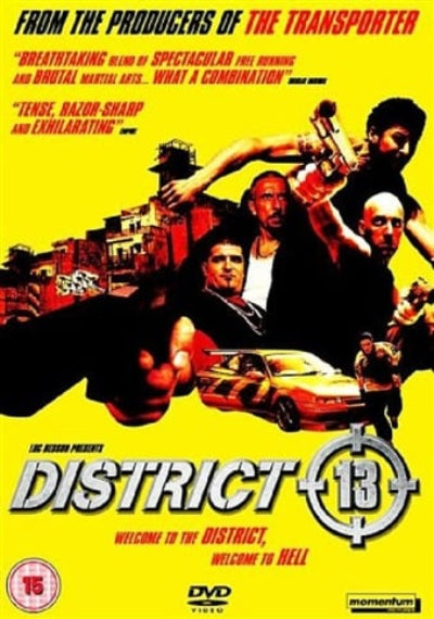 Movie poster for 'District 13' with action scene and text on a yellow background