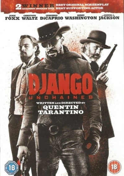 Movie poster for 'Django Unchained' featuring three characters in a Western setting.