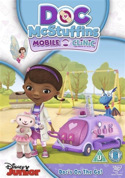 Doc McStuffins with mobile clinic and toys on a playground background
