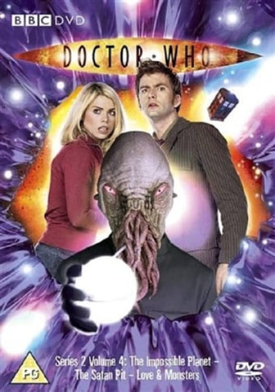 DVD cover of 'Doctor Who' featuring two characters and a alien creature against a space-themed background.