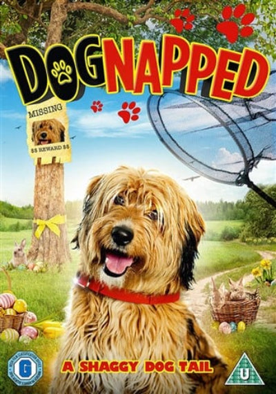 Movie poster for 'Dog Napped' featuring a shaggy dog in a field with a tree and Easter eggs.