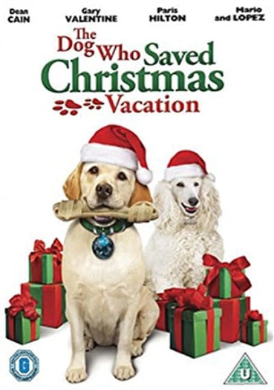 Movie poster for 'The Dog Who Saved Christmas Vacation' featuring two dogs with Santa hats and presents.