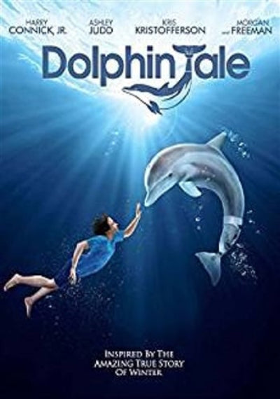 Movie poster for 'Dolphin Tale' featuring a dolphin and a person underwater with a blue background.