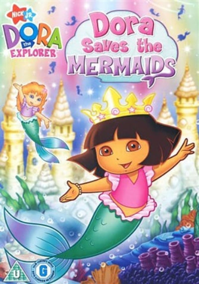 Dora the Explorer movie poster for 'Dora Saves the Mermaids' with colorful castle and mermaid elements.