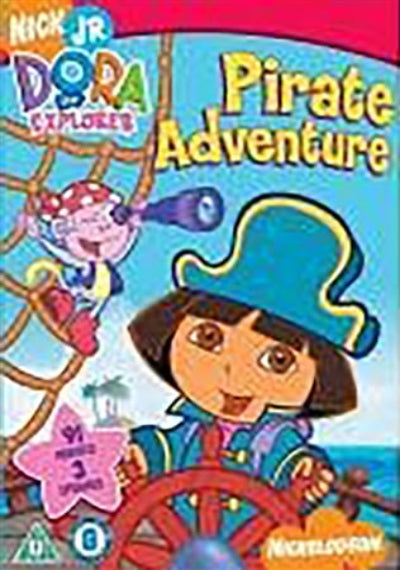 DVD cover of 'Dora the Explorer: Pirate Adventure' with Dora on a ship and a pirate character.