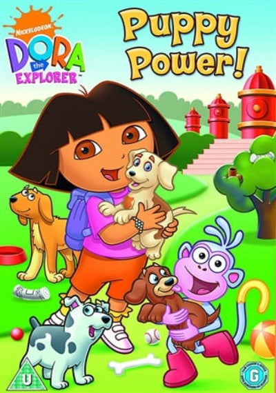 Dora the Explorer with puppies on a colourful background