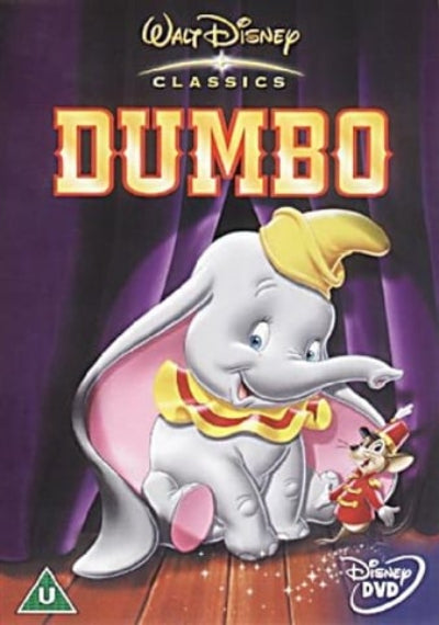 DVD cover of 'Dumbo' featuring the character Dumbo and Timothy Q. Mouse against a purple curtain background.