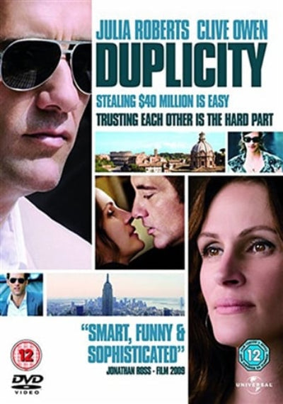 Movie poster for 'Duplicity' featuring a collage of images with Julia Roberts and Clive Owen.