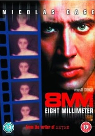Movie poster for 'Eight Millimeter' featuring Nicolas Cage with film strip on the left.