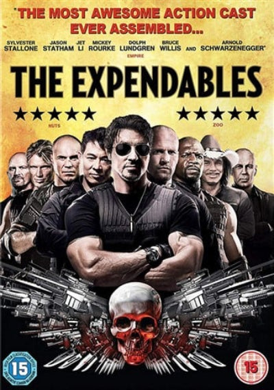 Movie poster for 'The Expendables' featuring a group of action heroes with weapons and a skull design.