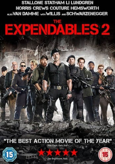 Movie poster for 'The Expendables 2' featuring action characters with text and rating.